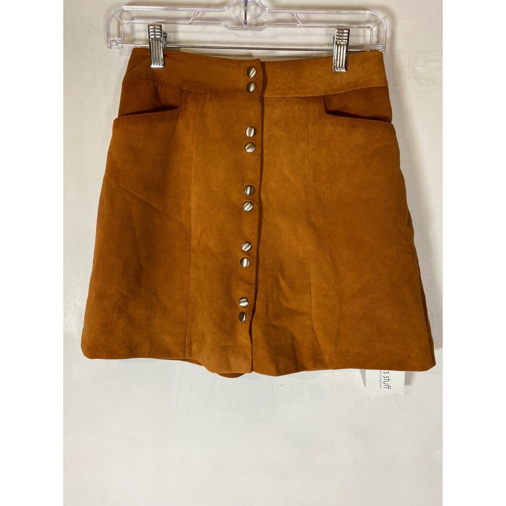 Intermix Petite NWT Faux Suede 100% Leather Button Front Mini Skirt Brown Pocket
